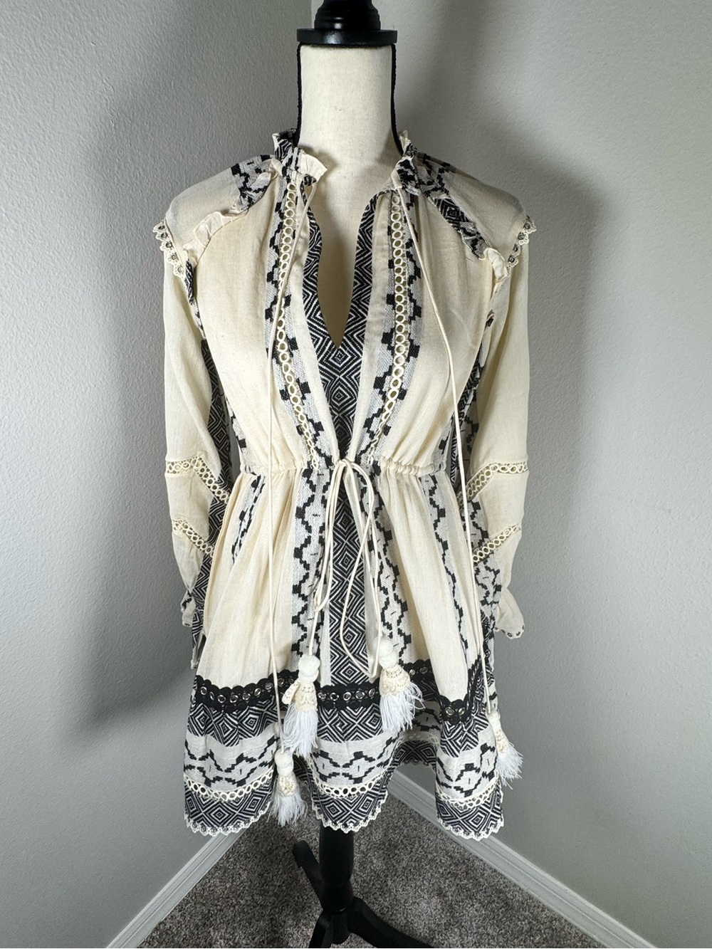 Hemant & Nandita Moira Boho Mini Dress NWT Black Cream Embroidered XS
